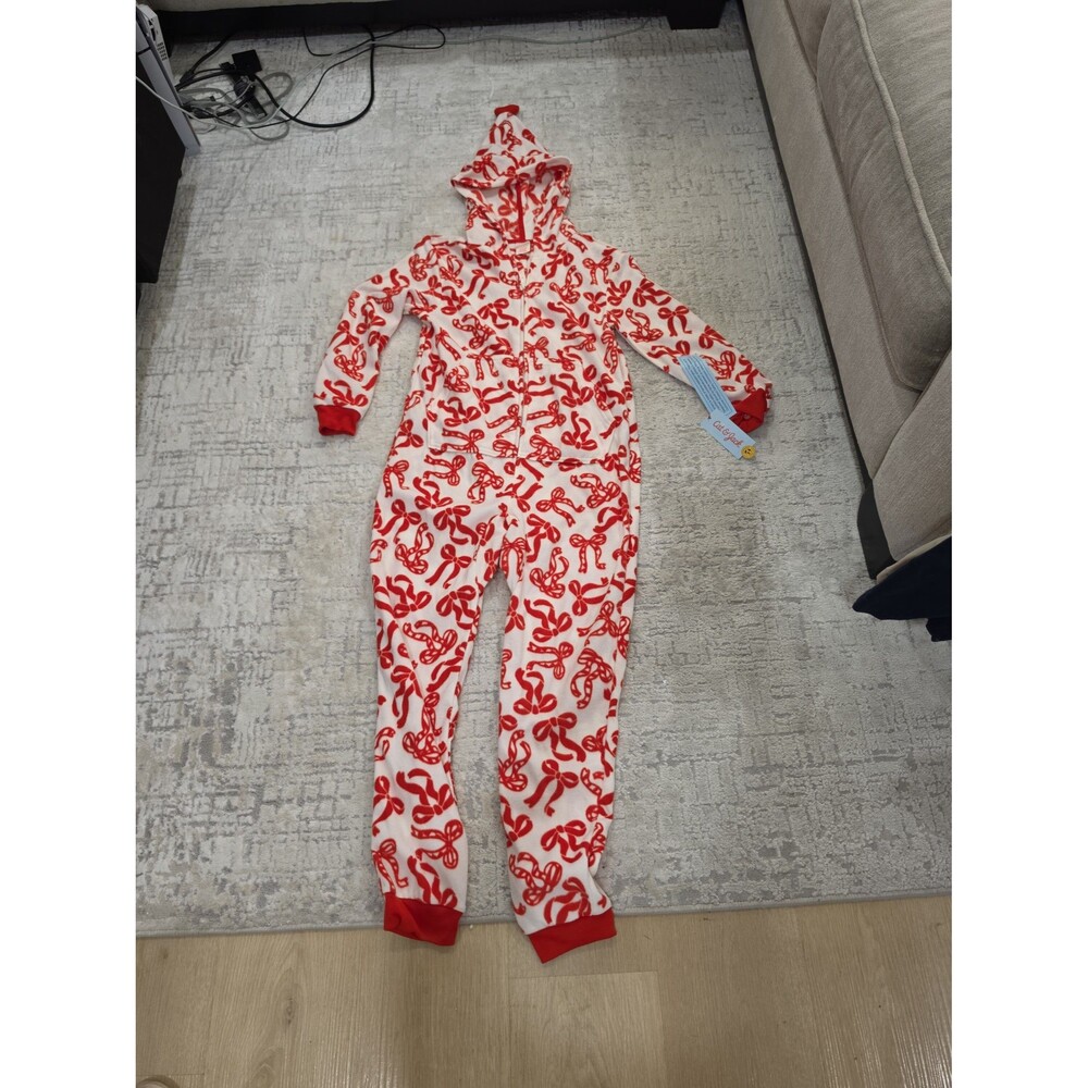 Cat & Jack Girls Bows Fleece Hooded Union Suit Pajamas Red Cream L 10/12